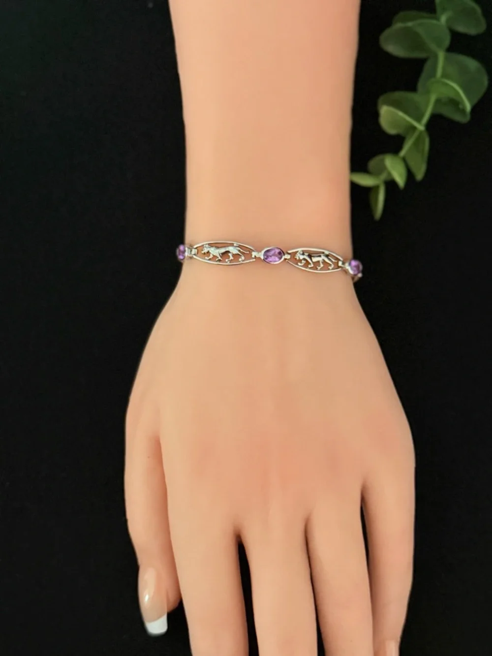 Sterling Silver 925 Panther Link‎ Bracelet with Amethyst Accents